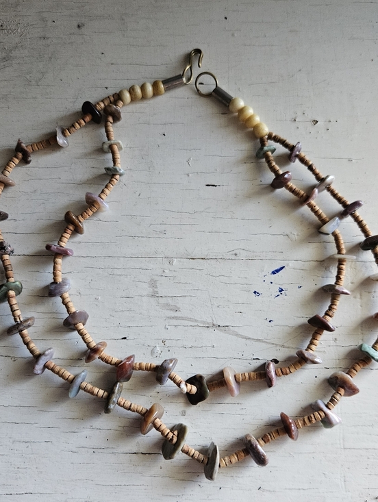 Jewelry - Double Strand Stone Chip “Tab” Necklace | Heishi Beads | Boho Earth Tone